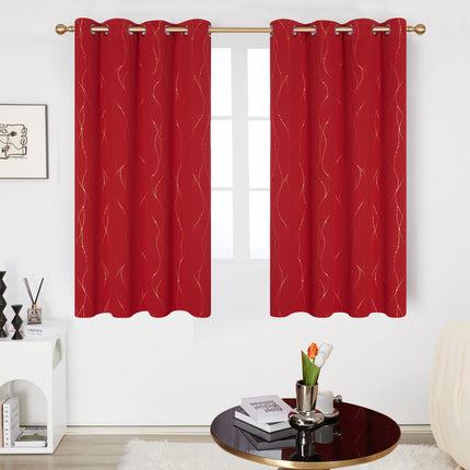 Deconovo Red Curtains 45 Inch Length - Light Blocking Blackout Drapes for Small Window, Grommet Top (52W x 45L Inch, Red, 2 Panels) Gold Wave Line and Dots Printed