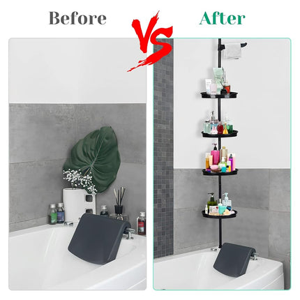 Takywep Étagère d'angle de douche à tension, Organisateur de rangement de salle de bain antirouille avec 4 étagères réglables, Étagère d'angle de douche avec patin en caoutchouc, Hauteur 101,6 cm - 122 cm, Noir