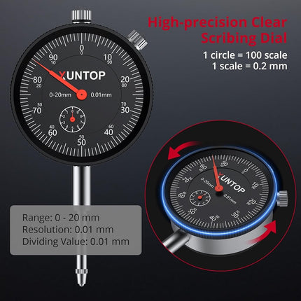 XUNTOP Dial Indicator 20mm/0.01mm with 176lbs/80kg Magnetic Base,Imperial Dial Test Gauge Set for Lathe,3D Printer,CNC,Car,Laboratory
