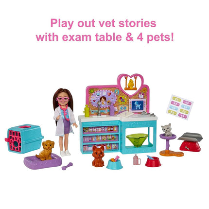 Barbie Chelsea Doll and Accessories, Pet Vet Playset with Doll, 4 Animals and 18 Pieces, HGT12