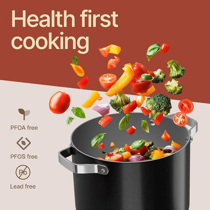 Black 8.5 Quart Aluminum Stock Pot with Lid, Nonstick Ceramic Coated Boiling Pot, PTFE & PFAS Free, Oven Safe to 500°F, Riveted Stainless Steel Handles, Tempered Glass Lid, All Stove Compatible