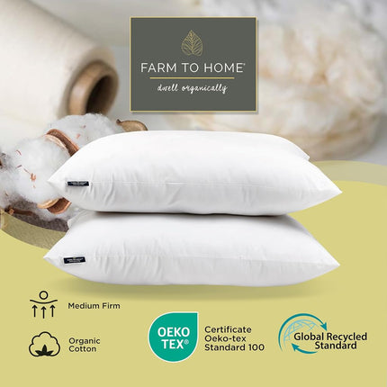 Farm To Home 100% Organic Cotton Bed Pillows Queen Size Set of 2 - Down Alternative Hotel Quality White Bedding for Back and Side Sleepers,20"x28"