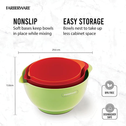 Farberware - 5216128 Farberware Professional Plastic Mixing Bowls, Set of 3, Orange/Red/LightGreen