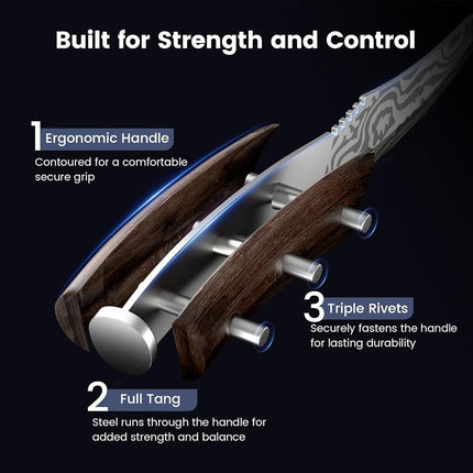 SYOKAMI Steak Knives Set of 6, 12.1 cm High Carbon Content, Japanese Stainless Steel, Non-Serrated Steak Knives with Wooden Handle, Damask Pattern, Full Tang Design, Razor Sharp Table Knife with