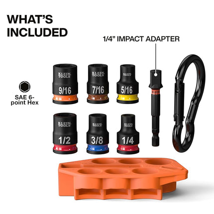 Klein Tools 33808 Grab-And-Go Impact Socket Set, SAE, 7-Piece Set with Sleeve, Carabiner, and 3/8-Inch Drive, Color-Coded 1/4, 5/16, 3/8, 7/16, 1/2, and 9/16-Inch Sockets