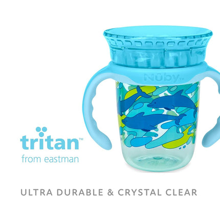 NUBY 360 Edge 2 Stage Drinking Rim Cup with Removable Handles & hygienic Cover: 8 Oz/ 240 Ml, 12M+, Dolphins, Aqua