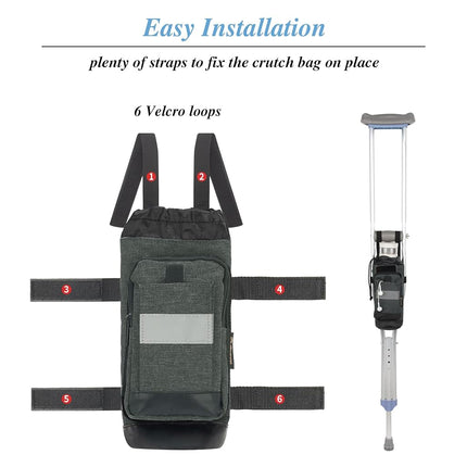Crutch Bag Lightweight Crutch Accessories Storage Pouch with Reflective Strap and Front Zipper Pocket for Universal Crutch Bag to Keep Item Safety (Dark Gray)