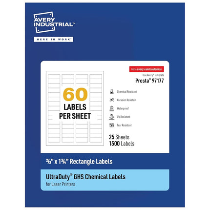 Avery UltraDuty GHS Labels, Waterproof, 2/3" x 1-3/4" Inch Rectangle Printable Labels, Pack of 1500 White Labels for Use with Laser Printers
