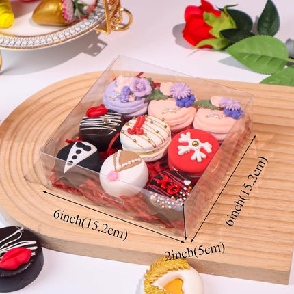RomanticBaking 50pcs 6x6x2Inches Plastic Clear Babkery Box for Chocolate Truffle,Cookies, Chocolate Strawberries, Cake, Cakesickle Macaron & Treat Box for Christmas Valentine's