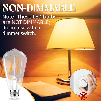 GvvooHome E26 Bulb, Non-Dimmable Edison Bulbs 60 watt LED Equivalent, 2700K Warm White, ST58 Vintage Light Bulbs, 90+ CRI, 6W 600LM, E26 Medium Base, Clear Glass, 18 Pack