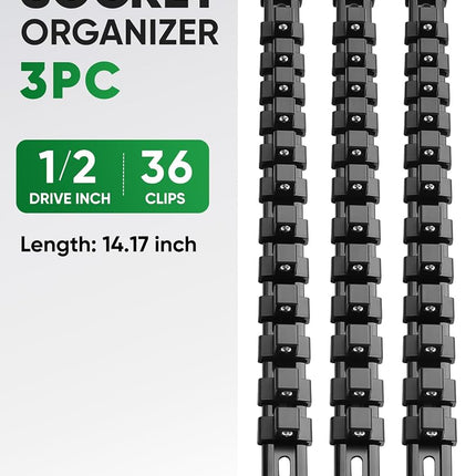 ALOANES 3 PC ABS Socket Organizer, 1/2 inch, Drive Socket Rail Holders, Heavy Duty Socket Racks, Black Rails with Black Clips