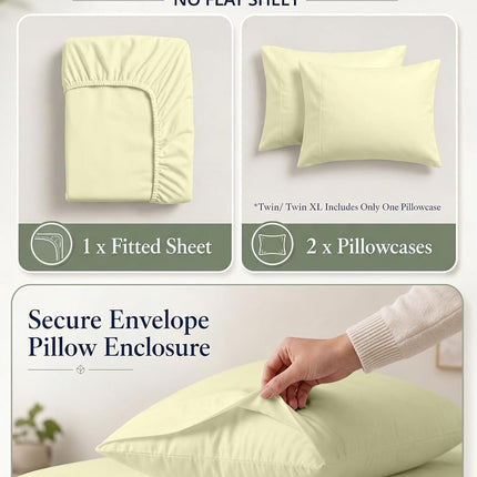 Lane Linen - Fitted Sheet Set - 100% Organic Cotton, Ultra Soft Percale Weave, 2 Piece (1 Fitted Sheet 15" Deep & 1 Pillowcase) - Twin, Vanilla