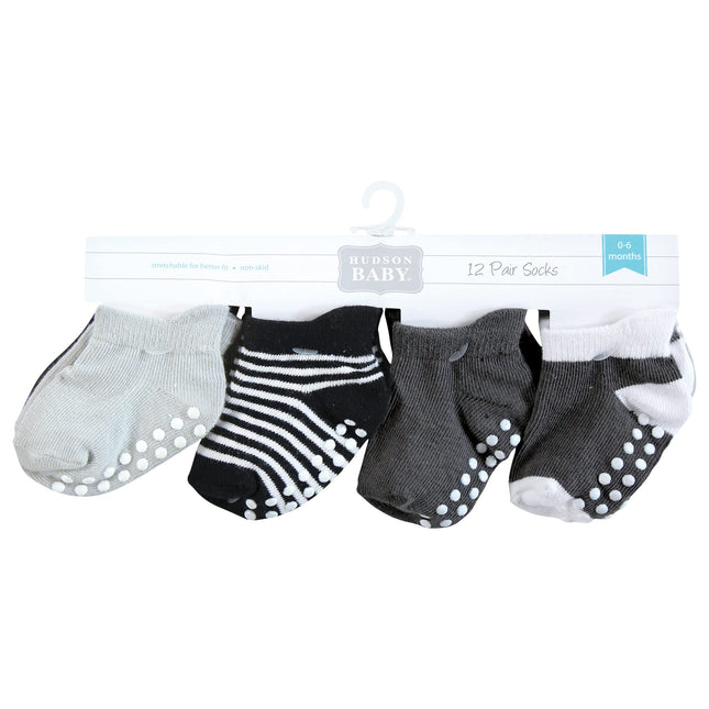 Hudson Baby Unisex Baby Non-Skid No-Show Socks, Black White Stripes, 12-24 Months