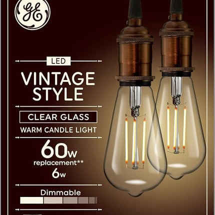 GE Vintage Style LED Light Bulbs, 60 Watt, Clear Finish, ST19 Edison Style Bulbs (2 Pack)