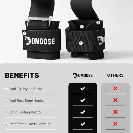 DMoose Fitness Weight Lifting Hooks (Pair) for Deadlifts, Pull Ups, Rows & Shrugs - Anti-Rip Nylon Strap Hand Grips with Thick Wrist Padding - Heavy Duty Wrist Straps for Weightlifting & Gym Workouts
