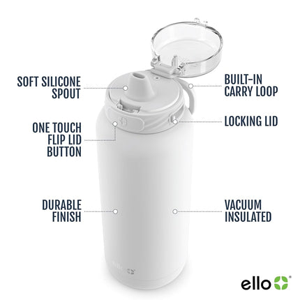 Bouteille d'eau en acier inoxydable pour enfants Ello Cooper 18 oz avec paille et poignée de transport, double paroi et métal isotherme sous vide, couvercle étanche avec bec en silicone souple, réutilisable, sans BPA, blanc