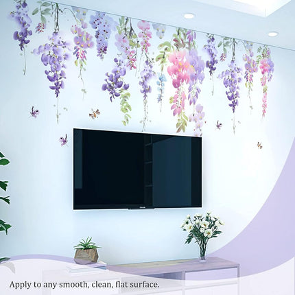 VePret Purple Flowers Wall Decals Peel and Stick, Large Hanging Floral Leaf Vinyl Wall Stickers, Removable Vine Home Decor Art for Bedroom Living Room Classroom Office