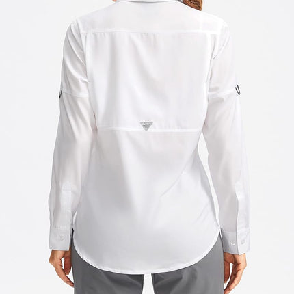 Women's UPF 50+ Sun Protection Shirts Long Sleeve for Fishing Hiking Safari, White, Medium