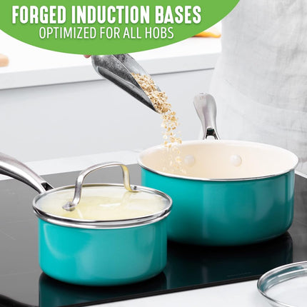 GreenLife Artizan Healthy Ceramic Non-Stick 14cm/1l and 18 cm/2l Saucepan Pot Set with Lids, Stainless Steel Handle, Induction, PFAS-Free, Oven Safe, Turquoise
