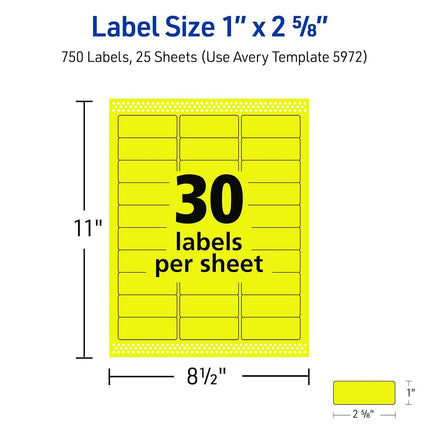 Avery Neon Address Labels with Sure Feed for Laser Printers, 1 x 2 5/8", 750 Yellow Stickers (5972)