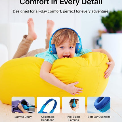 Belkin SoundForm Mini - Wireless Bluetooth Kids Headphones, 30H Battery, 85dB Safe Volume Limit, Built-in Microphone - Toddler On-Ear Earphones for iPhone, iPad, Fire Tablet, Ideal for School - Blue