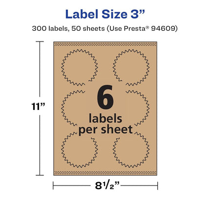 Étiquettes Avery Étoile kraft marron avec alimentation fiable, 7,6 cm, 300 étiquettes kraft marron, impression bord-à-bord, compatibles imprimantes laser/jet d'encre