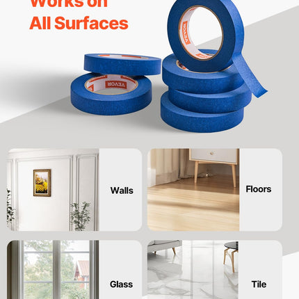 VEVOR Painters Tape, 1 Inch Wide (0.94 In x 60 Yds), 6 Rolls, Blue Painter Tape for Painting, Edge, Trim, Ceiling, Masking Tape Protects Surfaces and Removes Easily, DIY Craft Art, Labeling Decoration