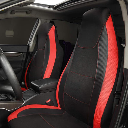 Flying Banner car seat Covers Quality Carbon Fiber Air Mesh Fabric Sport Low High Back Bucket Back Pocket Arm Rest (2 Fronts - High Bucket, Red)