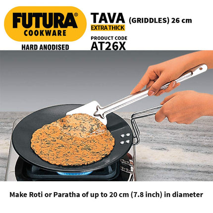Futura Hard Anodised Concave Tava Griddle, 10-Inch, 6.35mm with Steel Handle