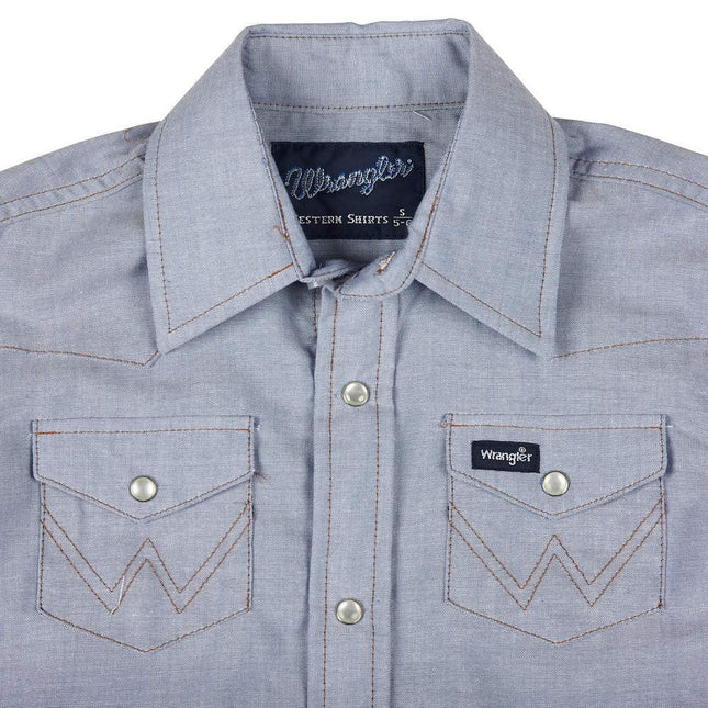 Wrangler Boy's Long Sleeve White Snap Shirt, Blue Chambray, Medium