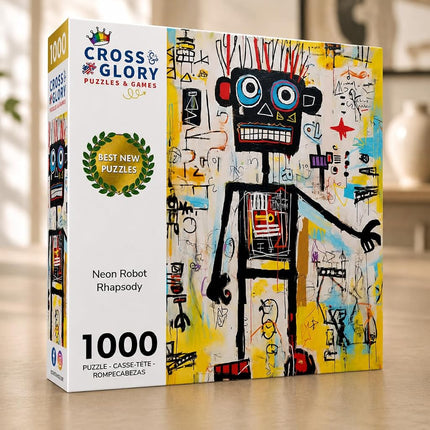 Cross & Glory – Neon Robot Rhapsody – 1000 Piece Jigsaw Puzzle for Adults | Abstract Neo-Expressionism Art | Luminous Yellow Highlights | Premium Quality | Vibrant Colours