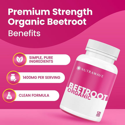 Nutrawave Organic Beetroot Capsules 1400mg – High Potency Beet Root Powder | Vegan, Non-GMO, Gluten-Free | 120 Capsules