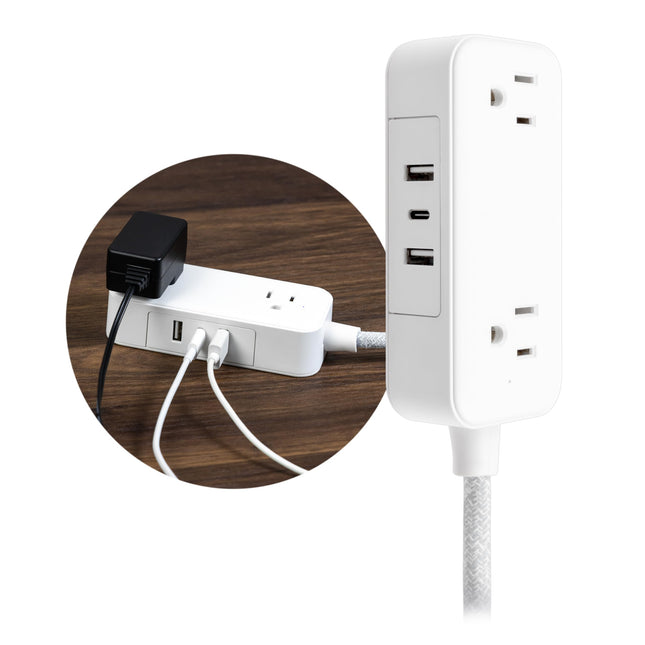 Regleta con enchufe plano GE con puertos USB, regleta de viaje con 2 tomacorrientes y 3 puertos USB, artículos esenciales para cruceros, cable de extensión pequeño trenzado de 1,8 m con enchufe plano de pared, ETL Listed White, 81597