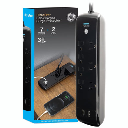 GE, Black, Strip Surge Protector Charger, 7 Outlets, 2 USB Ports, Fast Charge, Flat Plug, Long Power Cord, 3 Feet, Wall Mount, Warranty, 37054, 3 Ft
