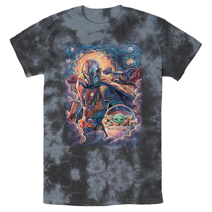STAR WARS Mandalorian & The Child Starry Night Style Men's Wash T-Shirt, Black/Charcoal, Small