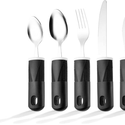 (Black) - Adaptive Utensils (4-Piece Kitchen Set) Wide, Non-Weighted, Non-Slip Handles for Hand Tremors, Arthritis, Parkinson's or Elderly use Stainless Steel Knife, Fork, Spoons - Black
