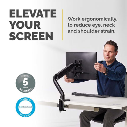 Fellowes Single Monitor Arm - Platinum Series Mount for 8KG 32 inch Screens - Ergonomic Adjustable Arm Desk Mount - Tilt 45° Swivel 360° Rotation 360°, VESA 75 x 75/100 x 100 - Black