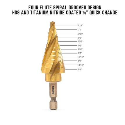 NEIKO 10180A Steel Spiral Quick-Change Step Drill Bit for Metal with 4-Flute Spiral Grooved Design, Nitride-Coated High-Speed Steel Multitool with 12 Sizes in 1 Step Bit, Unibit, Hole Drill Bit