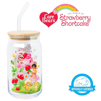 Silver Buffalo Care Bears and Strawberry Shortcake Pairs Scene Pearlescent 16oz Glass Tumbler w Bamboo Lid and Glass Straw