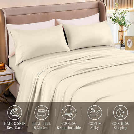Parure de lit élégante en satin soyeux 4 pièces de luxe, Douce pour la peau et les cheveux, Résistante aux plis, à la décoloration et aux taches avec poches profondes, Drap-housse, Parure de lit rafraîchissante en satin doux, Grand lit (Queen), Crème