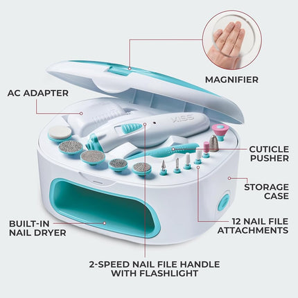 KISS Power File X Nail Dryer All-in-One Nail Care Kit, Cordless Rechargeable Handle, Salon Style Nail Dryer, 12 Interchangeable Styling Attachments, Ergonomic Design, Storage Case, 16 Pcs., 1.14 Lbs.