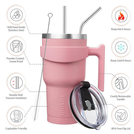 BJPKPK Tumbler with Handle 30 oz Tumbler with Lid and Straw Reusable Stainless Steel Travel Mug Insulated Coffee Cups,Light Pink