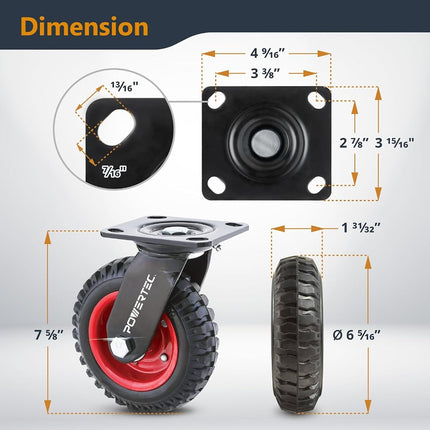 POWERTEC 6 Inch Caster Wheels Set of 8, Heavy Duty Swivel Plate Casters with Rubber Knobby Tread for Workbench, Dolly, Cart, Trolley, Wagon and Chicken Coop, Large Rubber Castor Wheels (17050-P8)