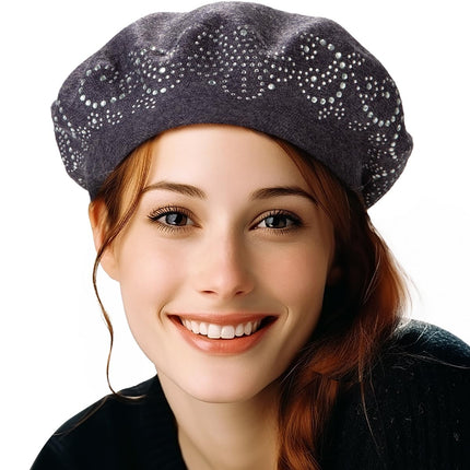 LADYBRO Rhinestone Beret Hats for Women 2 Layers W