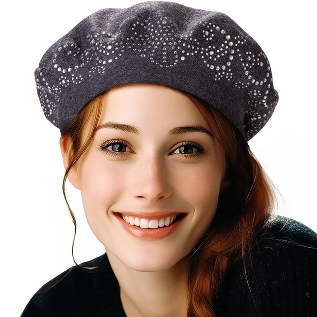 LADYBRO Rhinestone Beret Hats for Women 2 Layers W