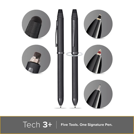 Stylo multifonction CROSS Tech3+ noir brossé PVD avec stylet et mine de 0,5 mm