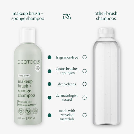 EcoTools Makeup Brush + Sponge Shampoo, Remove Makeup & Impurities From Tools, Sponges, & Puffs, Fragrance-Free Brush Cleanser, No Harsh Chemicals, Vegan, & Cruelty-Free, 8 fl. oz./236 ml. Bottle