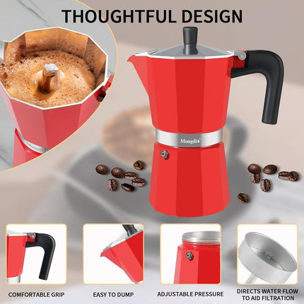 Mongdio Stovetop Espresso Maker Moka Pot, Stove Top Cuban Coffee Maker, Italian Greca Mocha Pot, 12 Espresso Cups, 20 oz - Red