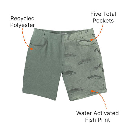 Legendary Whitetails Men's Water Activated Fish Print 9 Inch Inseam Boardshort, Blue Spruce, 32