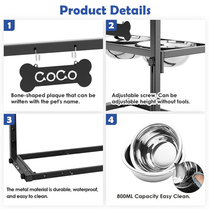 Raised Dog Bowls for Medium and Small Dogs, 5 Height Adjustable and 2 Stainless Steel Bowls 800ml/27oz, Raised Food Dog Water Stand